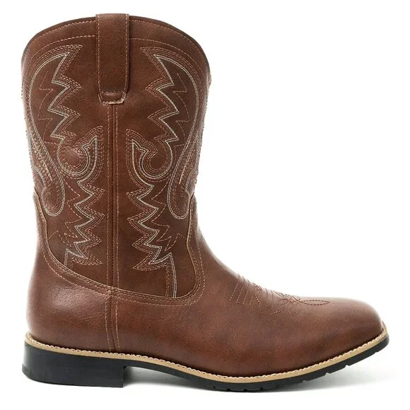 Dark Brown Men's Cowboy Western Embroidered Square Toe Boots - Picture 2 of 7